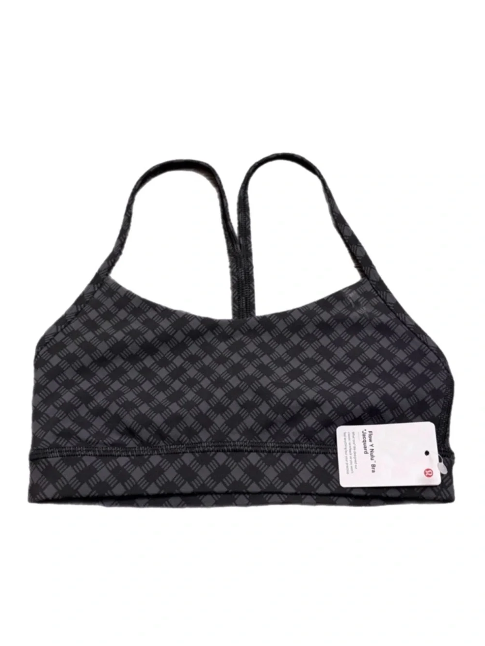 NWT Lululemon Flow Y Bra Nulu Jacquard A-C (Square Heart Jacquard Coal Black) 4